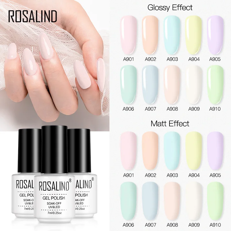 ROSALIND 7ML Nail Polish Gel Hybrid Varnishes Semi Permanent Nail Art Manicure Base Matt Top Coat Macaron Pure Color UV Nail Gel