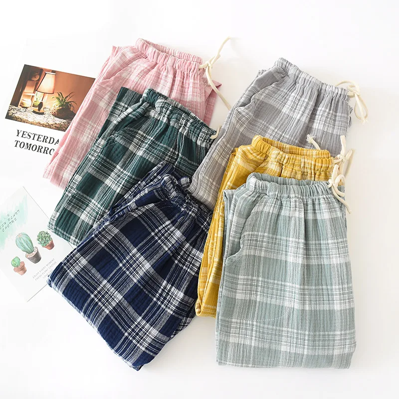 Japanese style new spring and autumn ladies cotton double crepe couple pants large size men and women home service summer