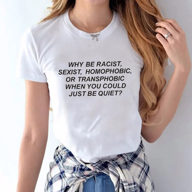 Why be racist Top Tee Punk Style Women Letter Print Short Sleeve T-shirt