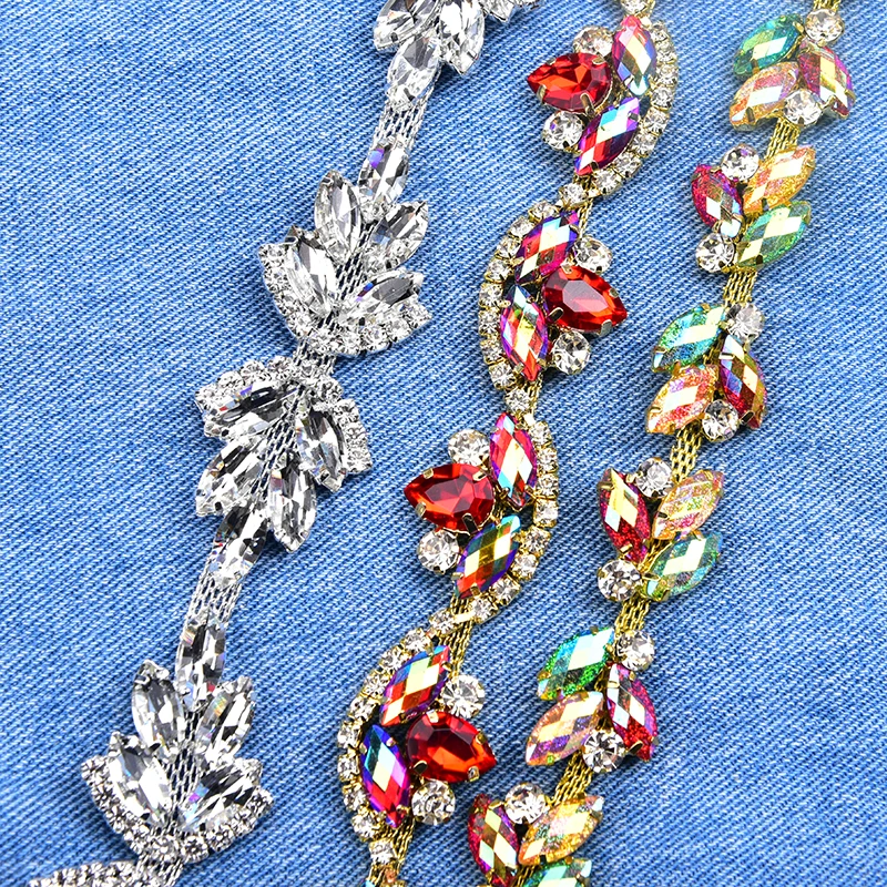 50cm/Lot Bunte Blumen-Strass-Klauenkette Marquise Glaskristall-Ketten DIY Stirnband Hochzeitskleid-Accessoires