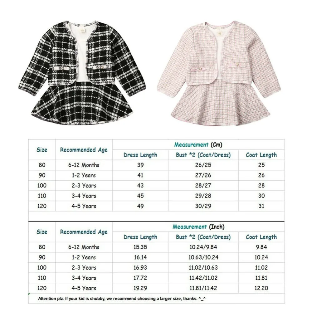 2019 Autumn New 1-6 Year Kids Baby Girls Clothes Set Long Sleeve Plaid Coat Tops+mini Dress 2Pcs Warm Outfits