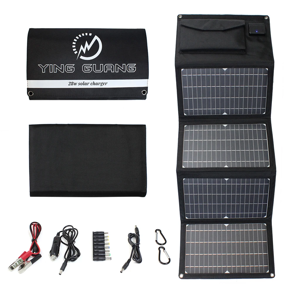 18V 28W Foldable Solar Panel USB Waterproof Portable Monocrystalline Outdoor Solar Charger for 12V Battery/Mobile/Power Bank