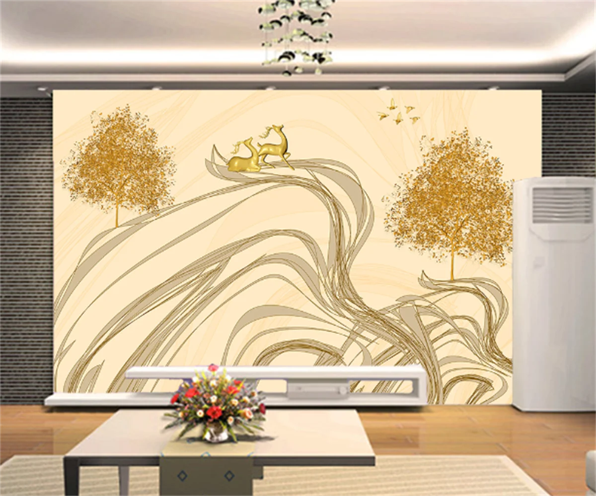 

European and American abstract hand-painted golden alpine tree elk living room TV background wallpaper custom tooling mural