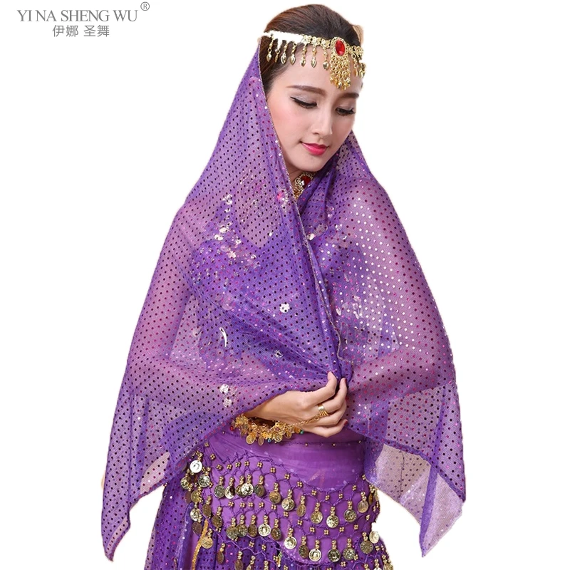 Women Belly Dance Scarf Gold Coins Bright Spot Veil Girls Belly Dance Head Scarf Veils Dance Accessories Indian Costumes 6 Color