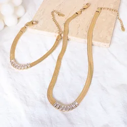 Elegant Rectangle Zircon Stone Necklace for Women Gold Plated Stainless Steel Snake Chain Choker Necklace Bracelet Set