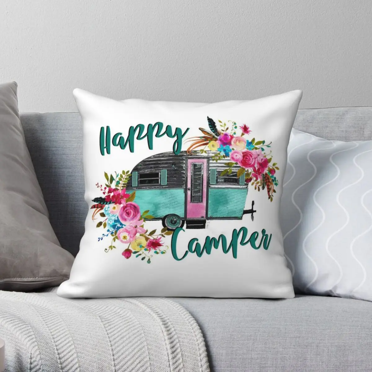 Happy Camper Vintage RV Trailer Gifts Square Pillowcase Polyester Linen Velvet Zip Decorative Sofa Seater Cushion Cover