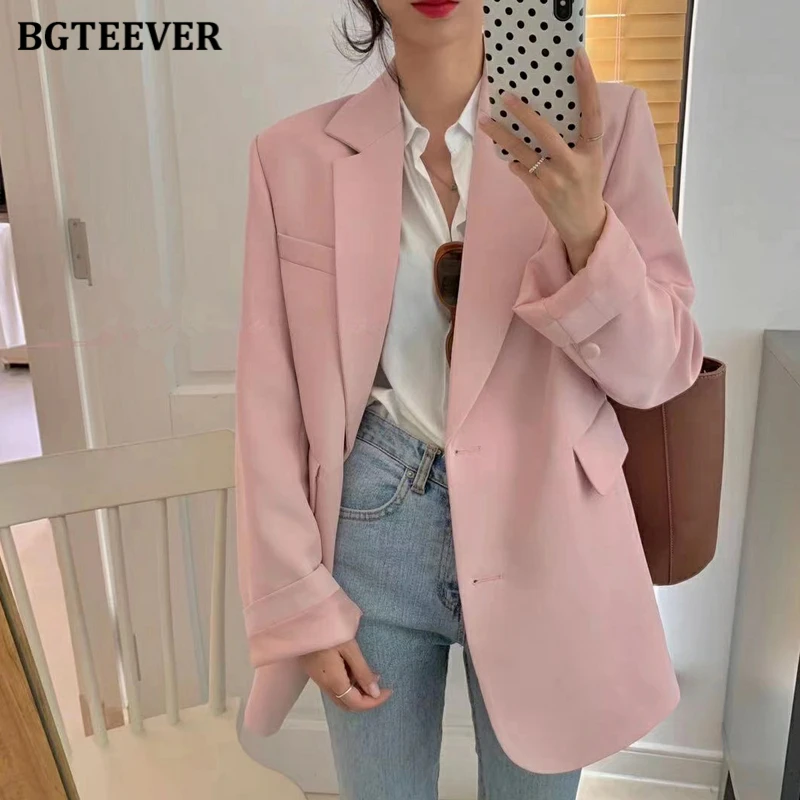 BGTEEVER New Spring Autumn Loose  Women Jacket Blazer Casual Notched Collar Long Sleeve Female Jackets 2021 Ladies Suit Coats