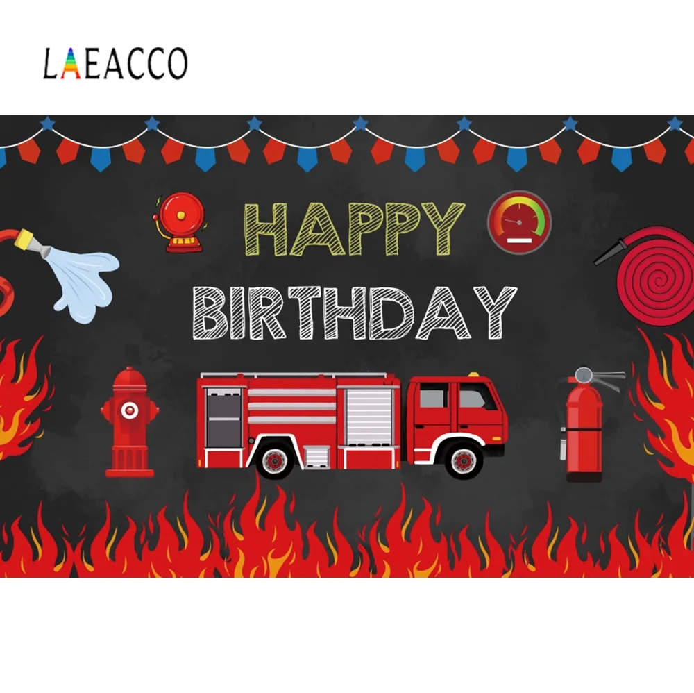 Laeacco Birthday Party Superhero Baby Child Photography Backdrop Cartoons Light Fire Truck Extinguishing Hero Photo Background