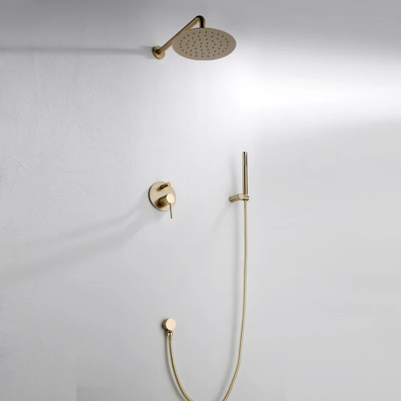 

MTTUZK Brass Brushed Gold Rain Shower Fuacet Set Matt Gold Shower Faucet Wall Mounted Shower Arm Diverter Mixer Tap Handheld Spr