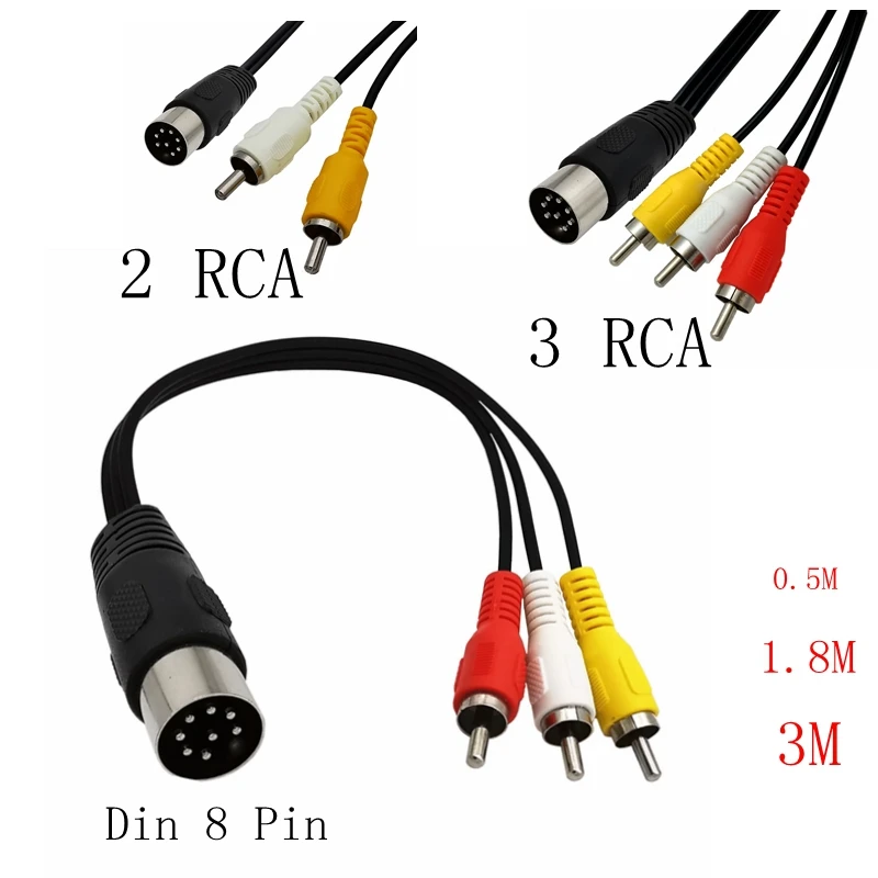 Din 8 Pin to 2RCA Cable 8Pin Din Male Plug to 2-RCA Male Audio Adapter Cable for  Musical instrument audio equipment 0.5M-3M