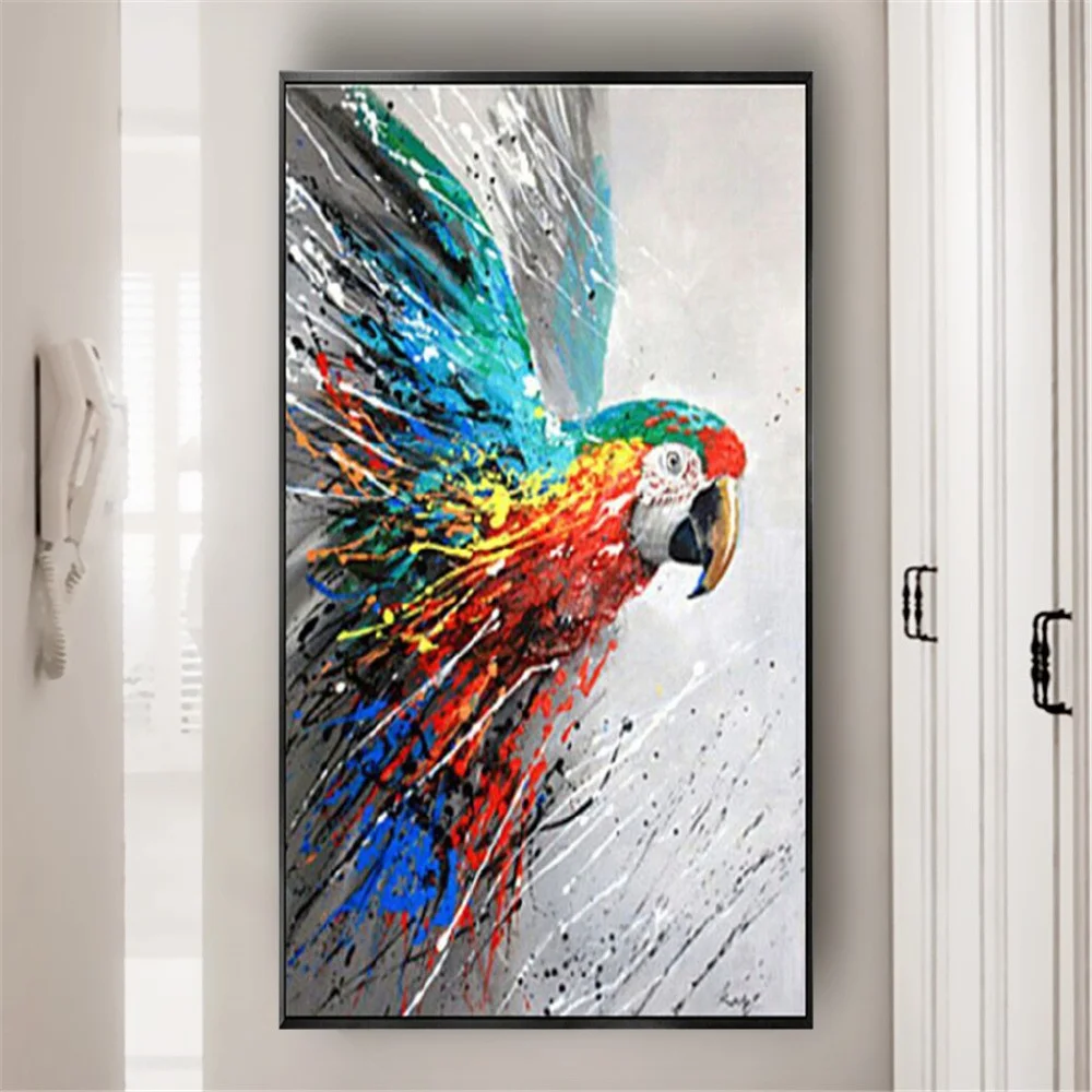 

Modern children's room decor canvas art hand-painted animal oil painting abstract parrot wall painting color interior wall decor