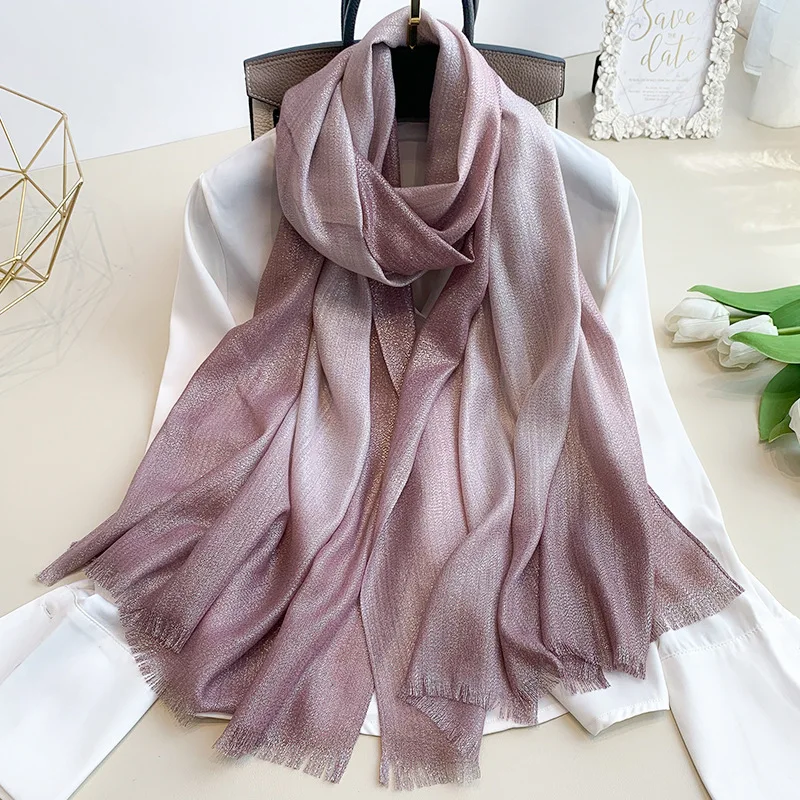 New Fashion Plain Ombre Lurex Glitter Viscose Scarf Shawl Lady High Quality Gradient Pashmina Fringe Stole Bufandas Muslim Hijab