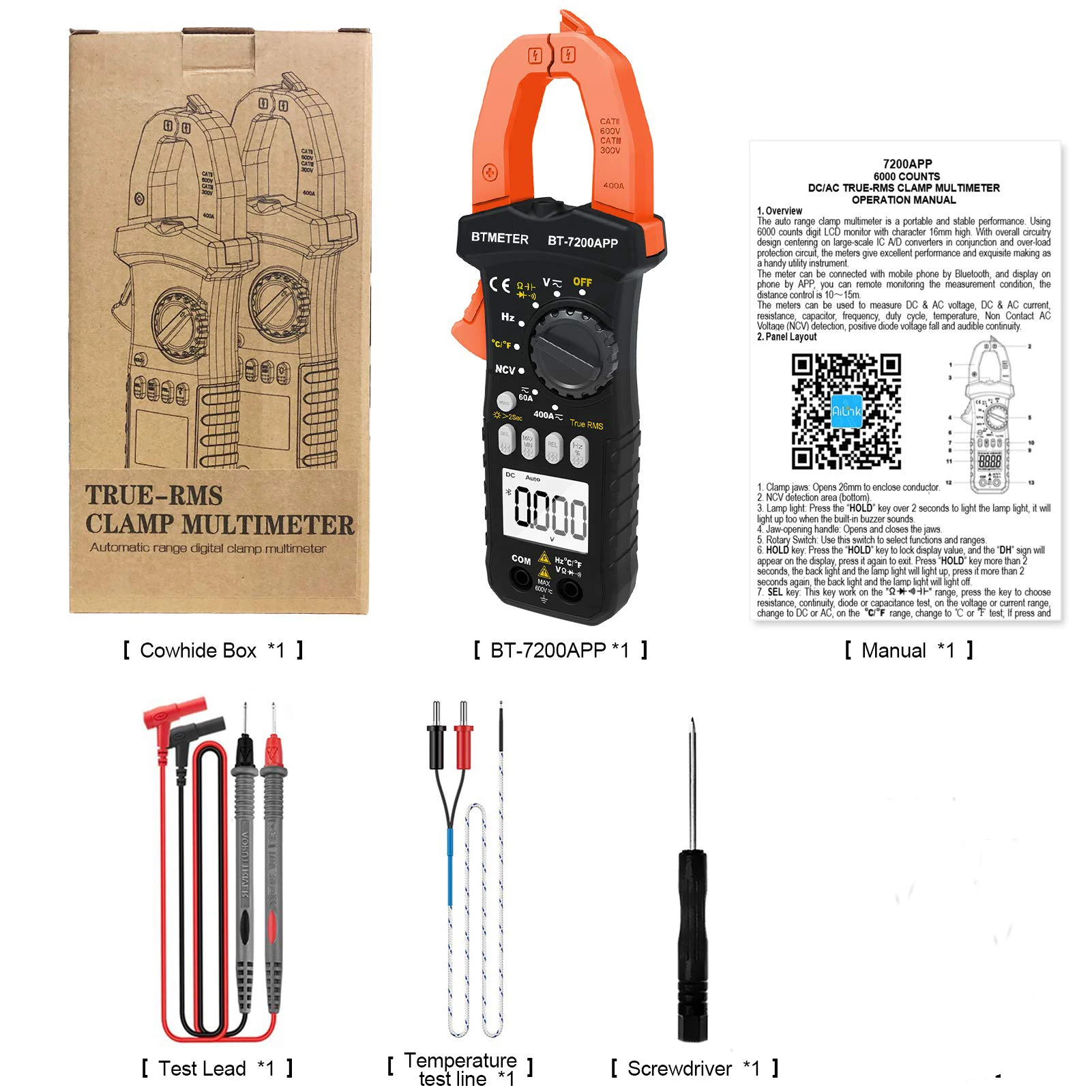 BT-7200APP TRMS 6000 Counting Clamp Multimeter, Bluetooth Clamp Ammeter for AC/DC Current Voltage Resistor Capacitor Frequency