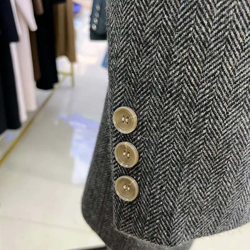 Grey Herringbone Woolen Suit Jacket For Fall/Winter 2021 New High-Quality British Blazer Women Fashion Double Breasted Outerwear