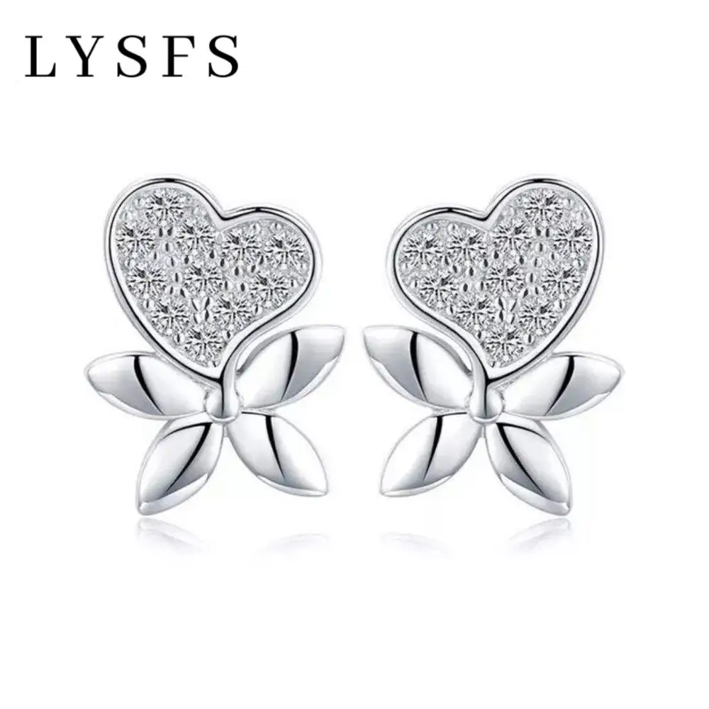

LYSFS Romantic 925 Sterling Silver Jewelry Natural Heart Butterfly Party Stud Earrings for Women Bijoux I127