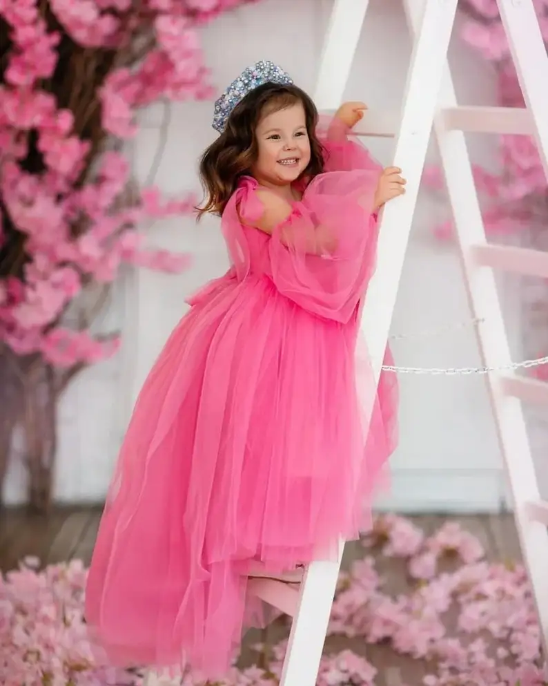 Dreamy Mommy and Me Matching Dresses Pink Tulle Mom and Kids Party Dress for Birthday Mother Daughter Prom Gown Evening Dress