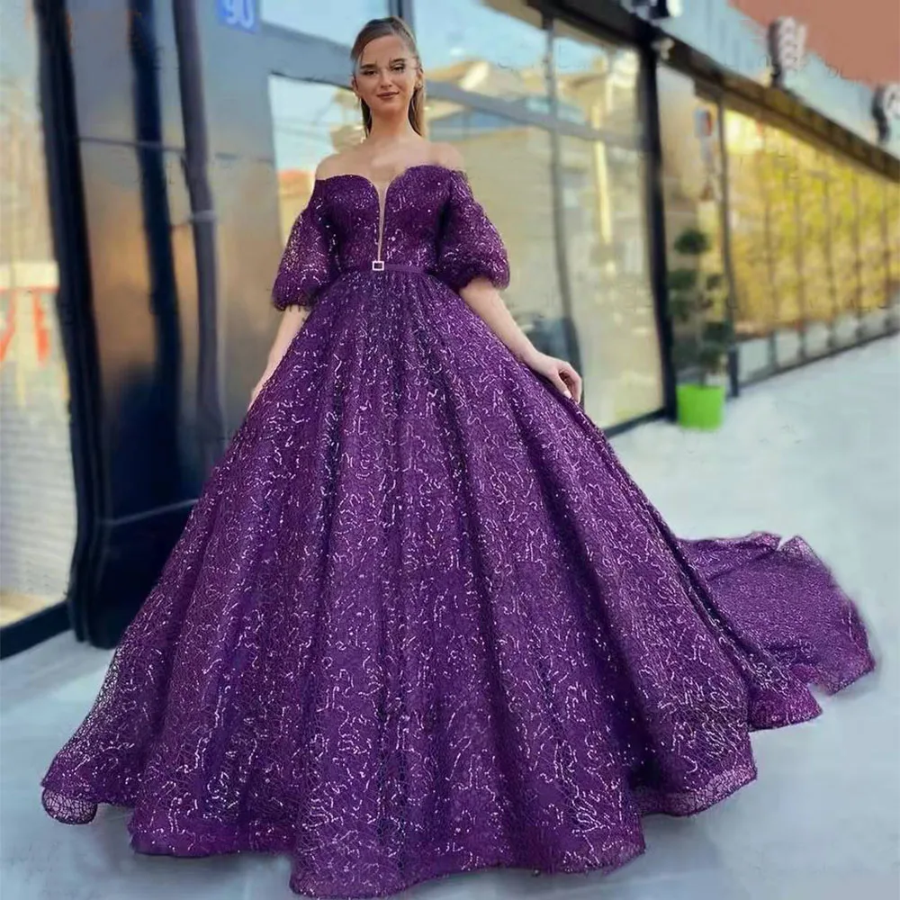 

Shinny Purple Sequins Homecoming Dress Sweetheart Off Shoulder Court Train Evening Prom Gown Ball GownVestido De novia فساتين