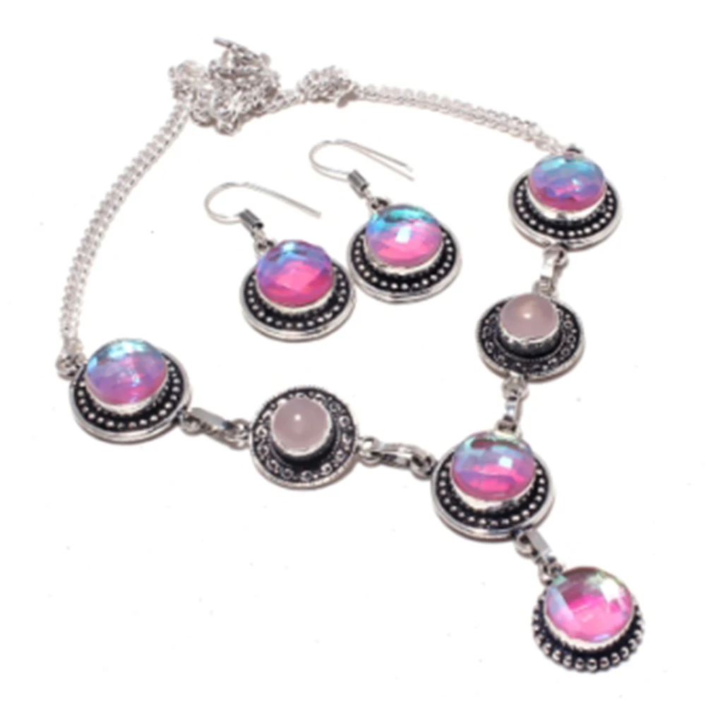 Rainbow Topas,Rose Quarts  Necklace  + Earings  Silver Overlay over Copper , 46.7 cm, N4393