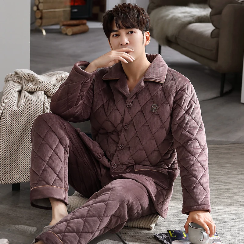 Winter Thick Flannel Quilted Men Solid Pajama Sets of Sleep Tops & Bottoms Male Warm Coral Fleece Sleepwear Thermal Home Clothes