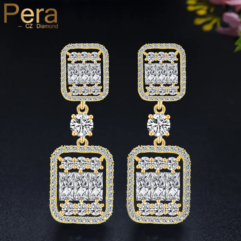 

Pera High Quality Luxury Princess Cut Shiny CZ Zircon Long Dubai Yellow Gold Color Wedding Drop Earrings Jewelry for Women E567