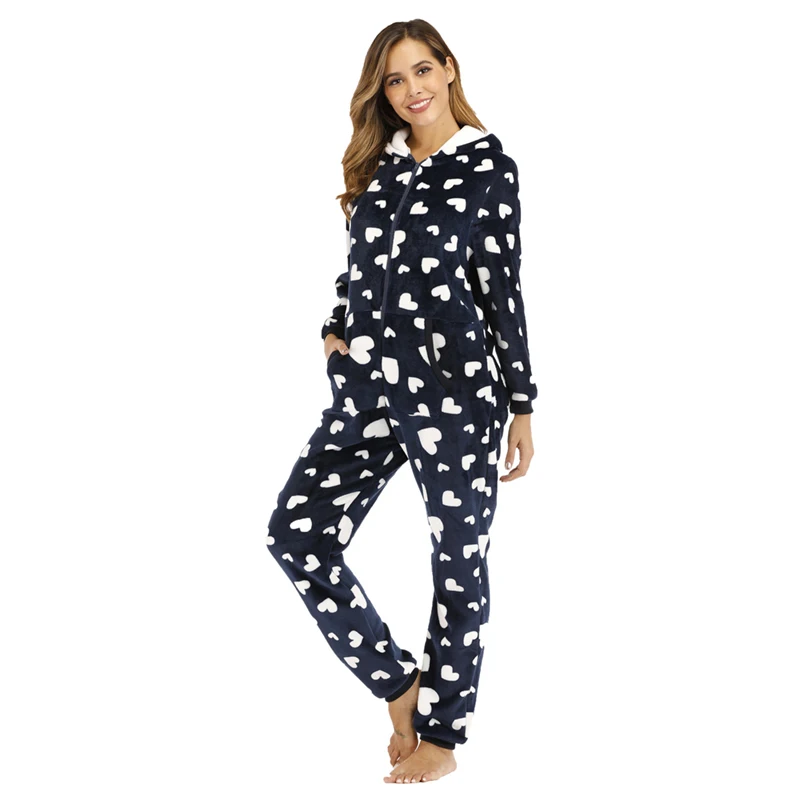 Fashion Flannel Women Onesies Zipper Winter Thicken Warm Female Sleepwear Heart Printed Hooded Woman Homewear Jumpsuit