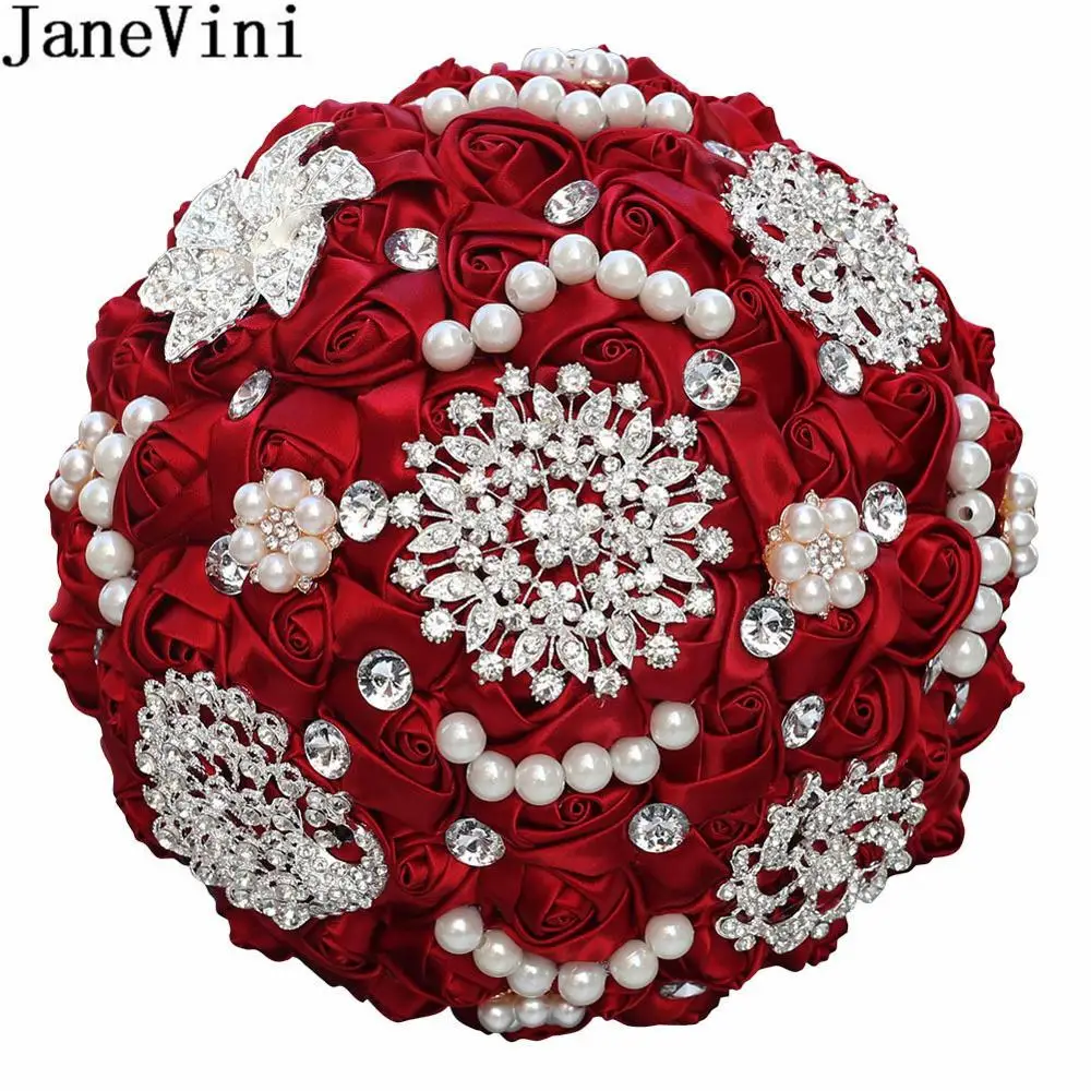 JaneVini Luxury Pearl Diamond Bride Flower Bouquet Wine Red Black Sparkly Rhinestones Crystal Bridal Roses Wedding Bouquets 2020