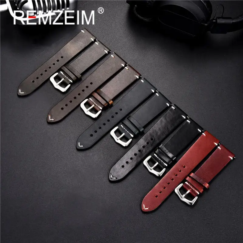 Handmade Oil Wax Leather Watchband 18mm 20mm 22mm 24mm Blue Red Brown Replacement Bracelet Strap Band Watch Accessories