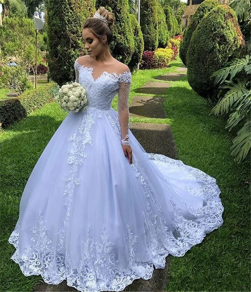 Robe de mariée bouffante à manches longues 2020, tenue de mariage modeste à effet d'illusion, coupe trapèze, avec des appliques transparentes, longues froncées