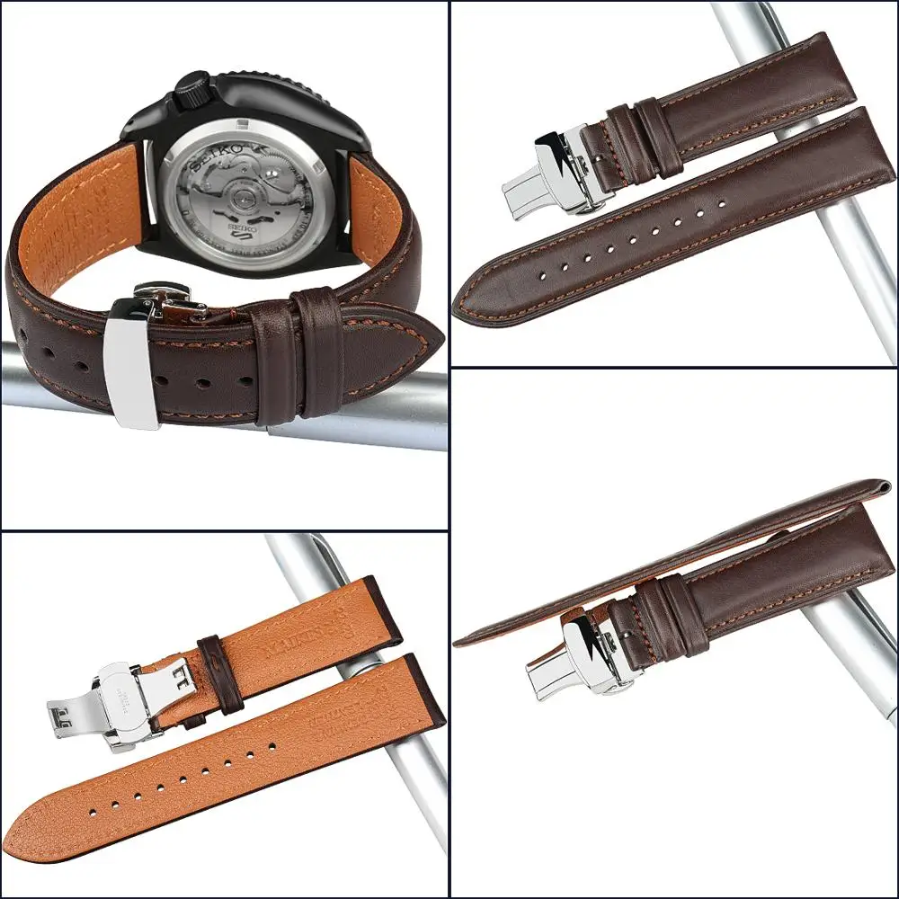 Calfskin Genuine Cow Leather Watchband Belt 18mm 20mm 22mm 24mm Watch Strap Bracelets Butterfly Buckle Replacement Watch Band