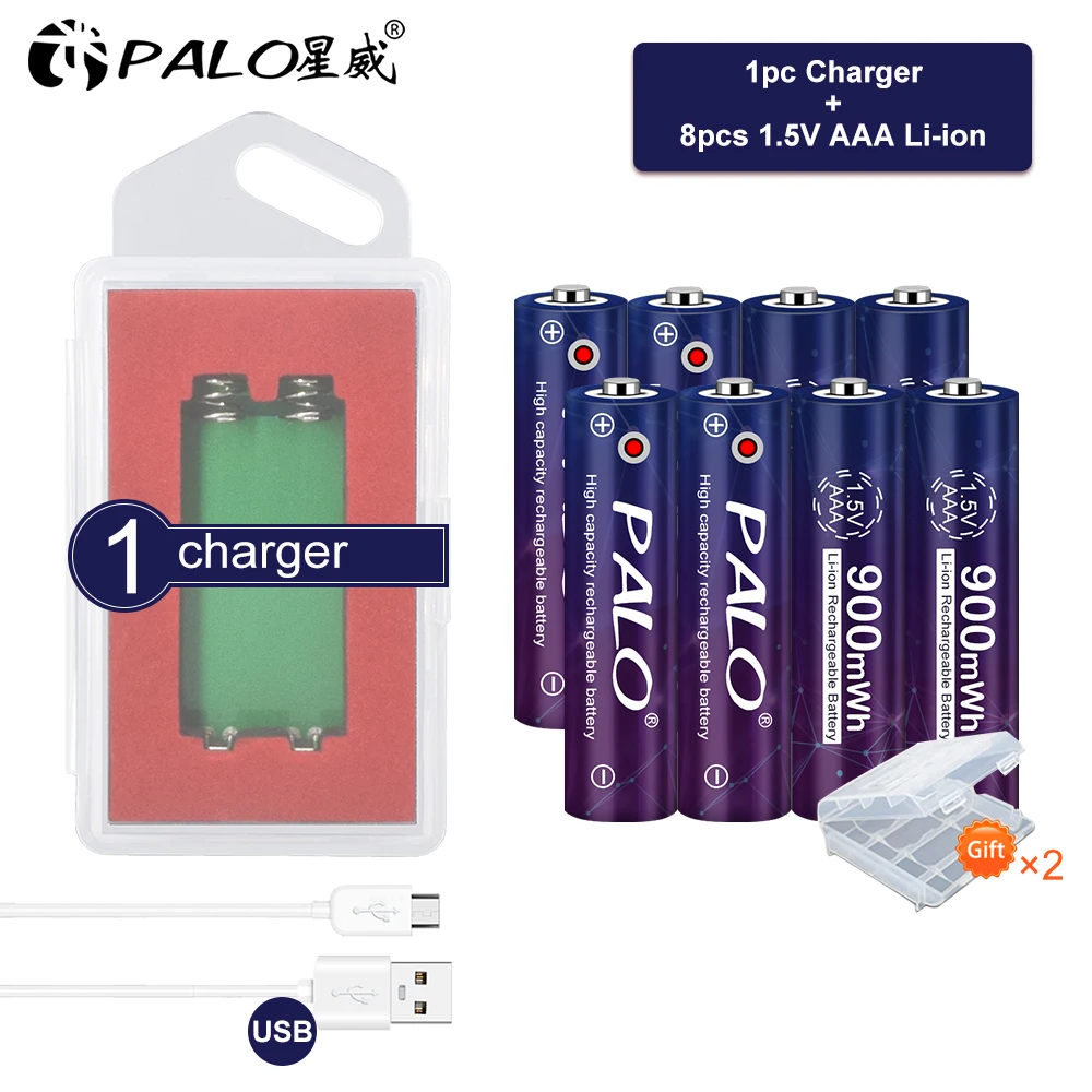 PALO 2-8pcs 1.5V Li-ion AAA Rechargeable Battery 900mWh Battery Charger Rechargeable AAA Lithium Battery for Toys Flashlight