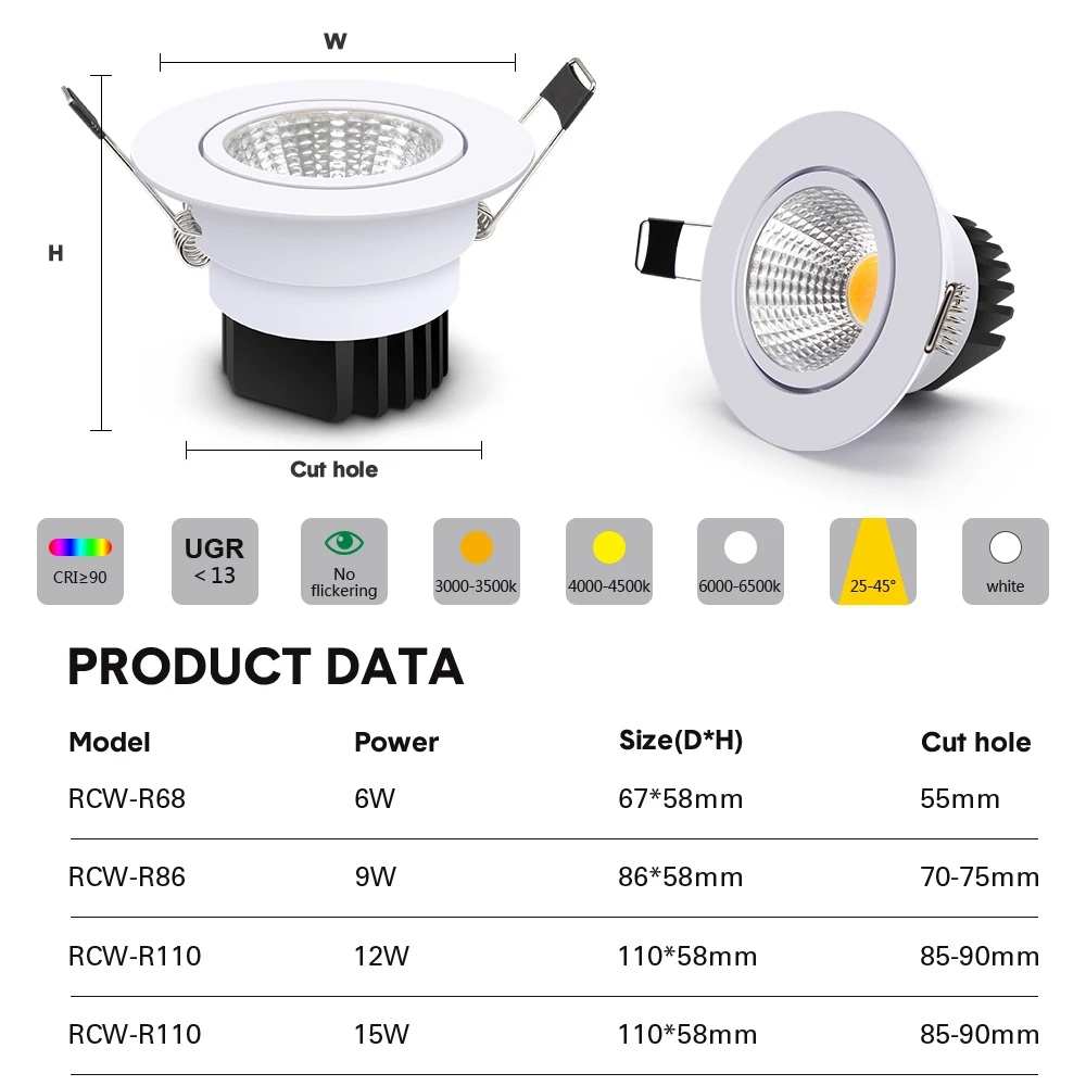 Czarny/biała obudowa wpuszczana LED typu Downlight z możliwością przyciemniania COB 6W12W 15W reflektor LED dekoracja LED lampa sufitowa AC110V/220V