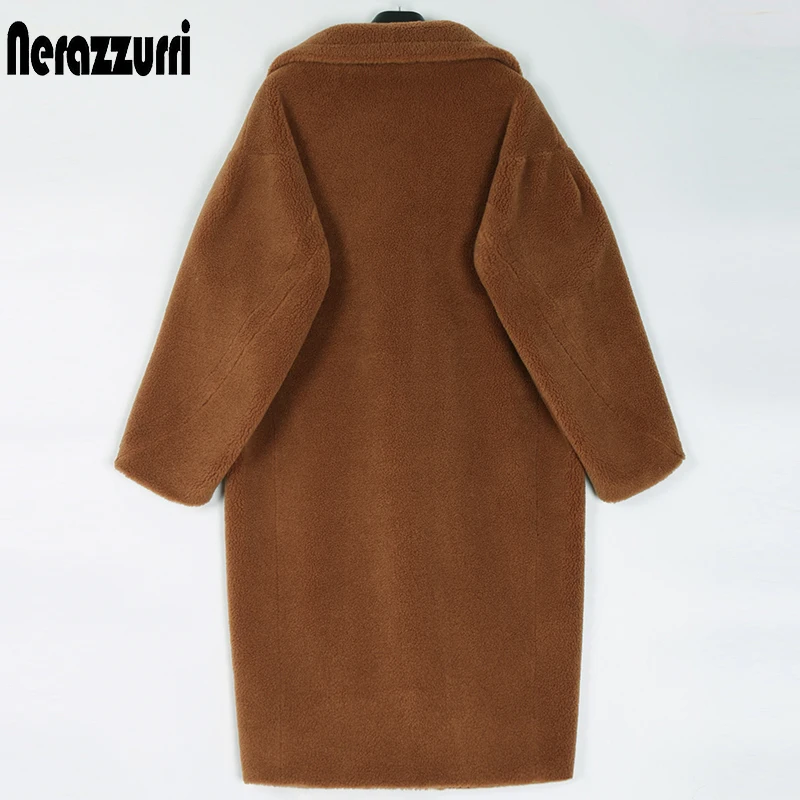 Nerazzurri Winter Long Oversized Teddy Coat Women Lapel Brown Thick Warm Sheep Wool Teddy Bear Jacket Women Plus Size Fashion