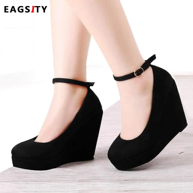 EAGSITY  Suede Women Wedges shoes pumps round toe ankle strap platform ladies high heel shoes party office career