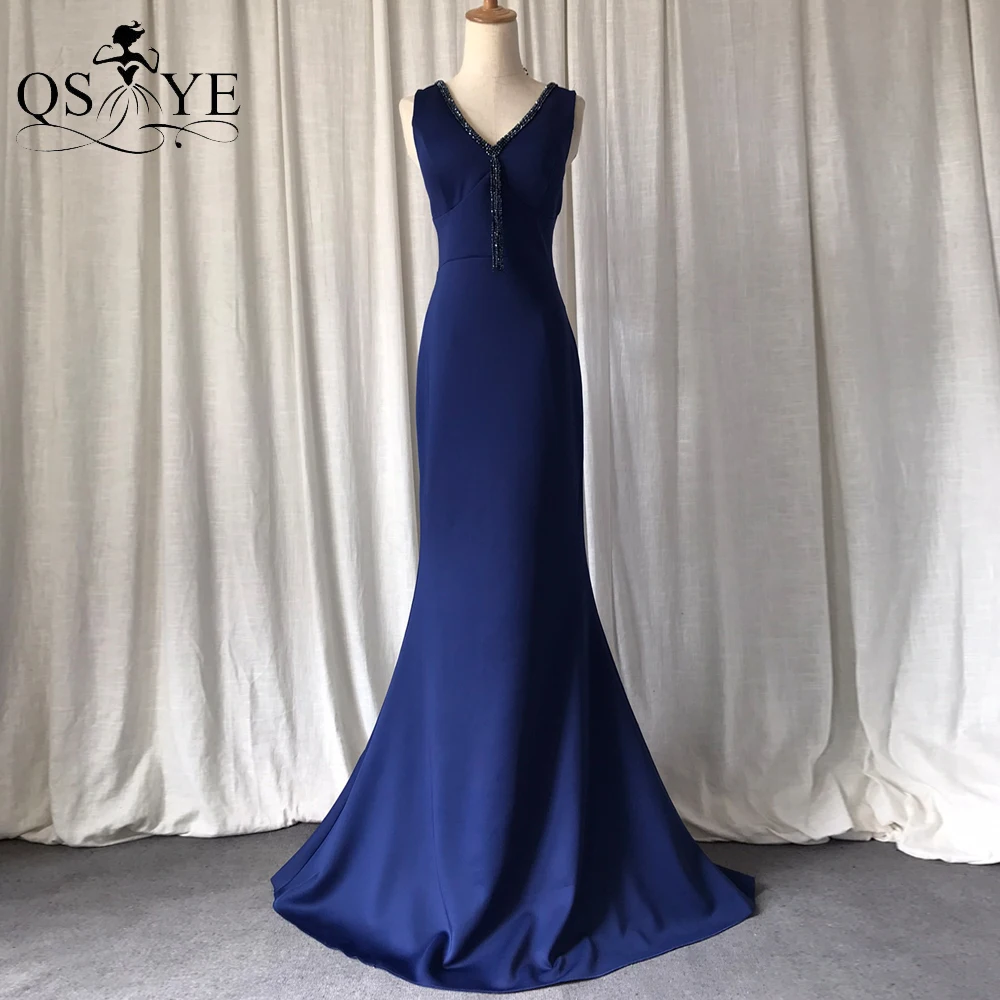 Navy Prom Kleider Stretch Meerjungfrau Abendkleid Perlen Kristalle Lange Formale Party Kleid V Neck Blau Abendkleid Ärmelloses kleid