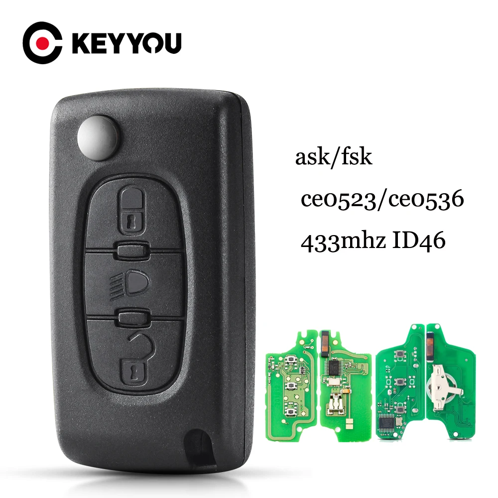 

KEYYOU For Citroen C2 C3 C4 C5 C6 C8 433Mhz ID46 3 Buttons light Flip Remote Car Key Fob VA2/HCA Blade CE0523/Ce0536 ASK/FSK New