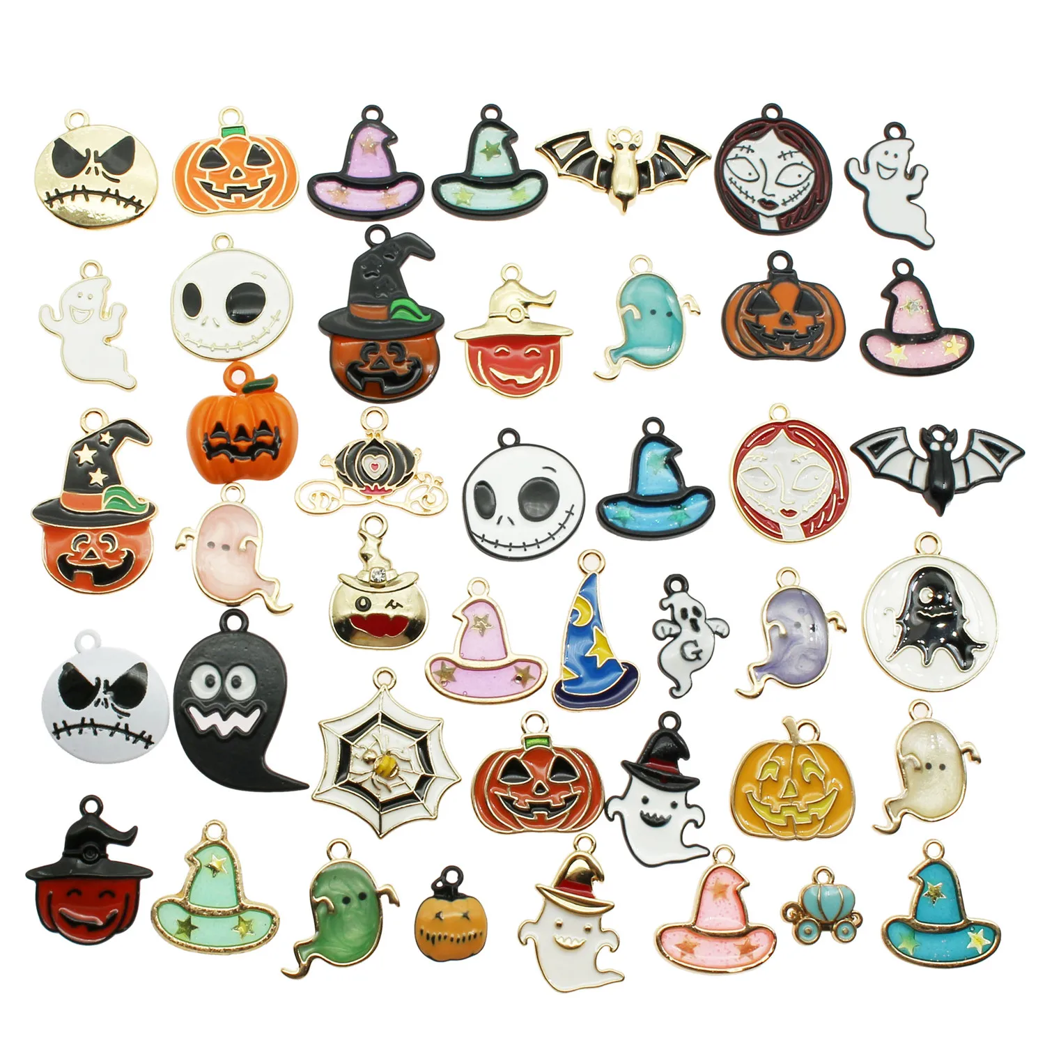 10pcs Mixed Halloween Series Drip Oil Jewelry Funny Cartoon Ghost Pumpkin Head Metal Alloy DIY Anklet Choker Jewelry Gift