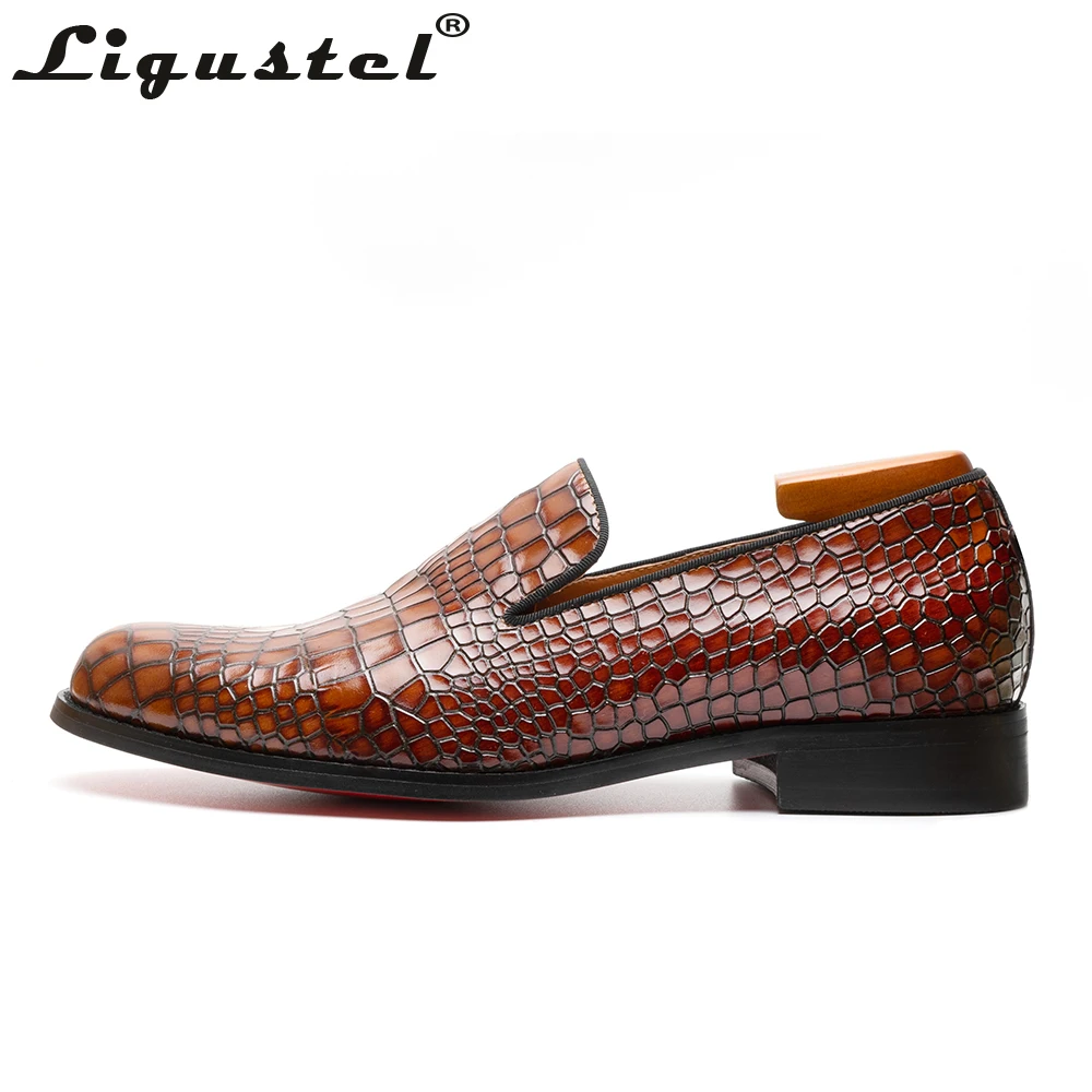 Mens Shoes Casual Handmade Crocodile Leather Shoes Mens Designer High Quality Red Bottom loafers Men Luxury Wedding Brown Shoes