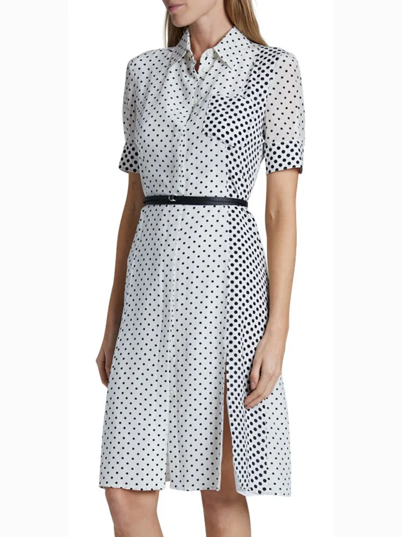 

Polka Dot Print Women Dress Turn Down Collar Split Dresses With Belt