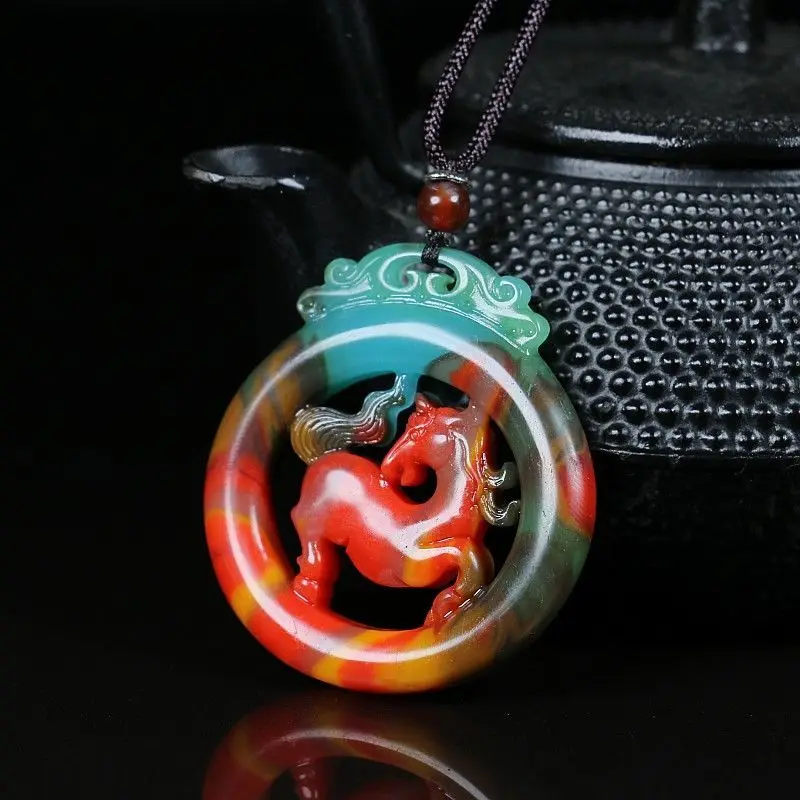 Natural Xinjiang Colorful Jade Will Get Rich Right Away and Auspicious and Wishful Hollow Pendant Men's and Women's Sweaterchain