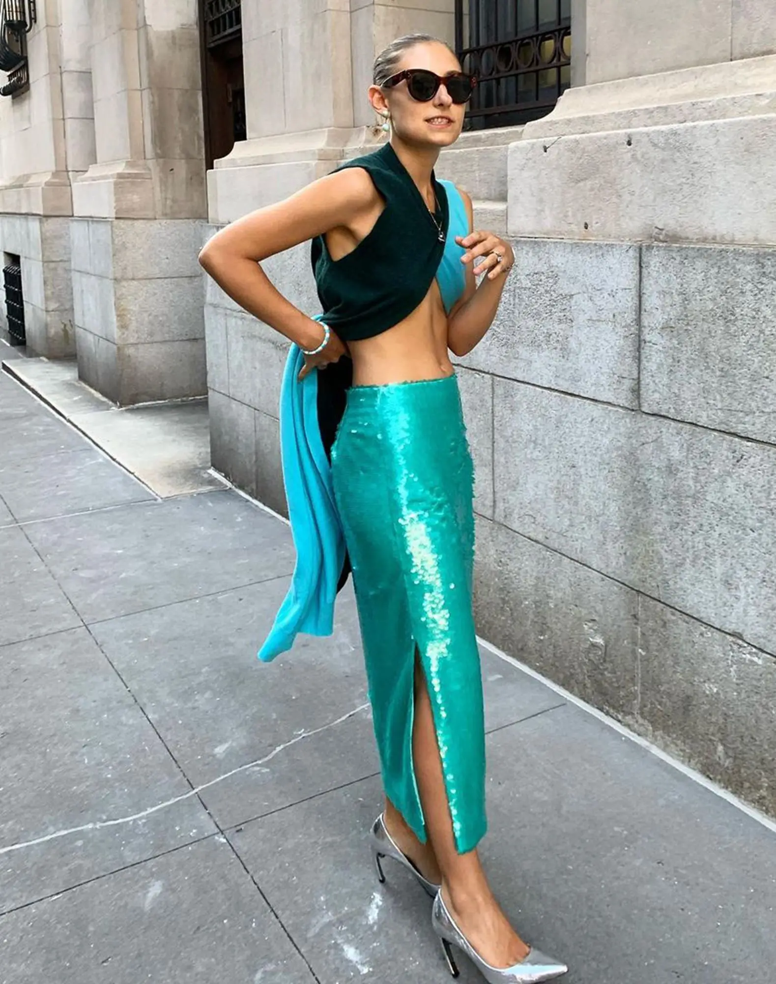 Malachite Blue Midi Long Skirt Sparkly High Waist Skirt Side Slit Skirt Straight Sequins Skirt Women Cocktail Skirt Prom Gowns