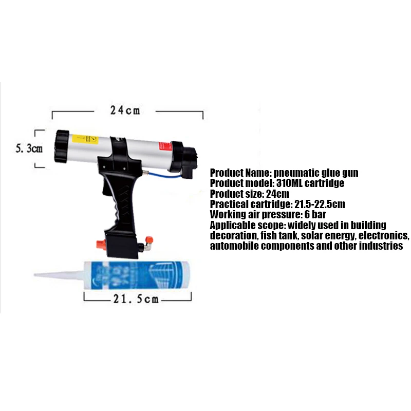 Pistolet à calfeutrer pneumatique avec assujetde régulation, outils en silicone, cartouche de 310ml, mastic pour peinture et décoration