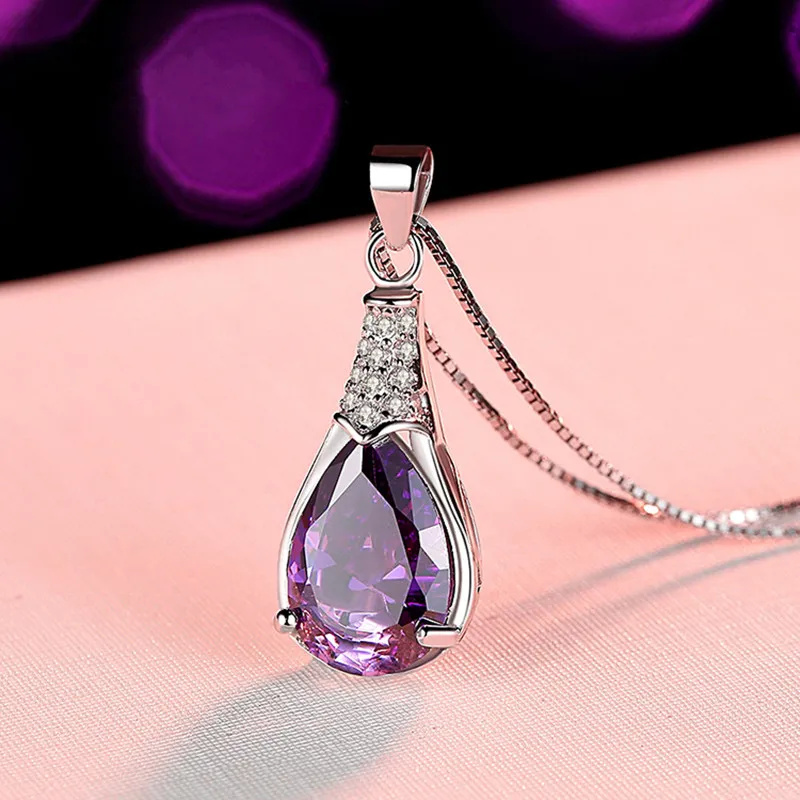 Buyee 925 Sterling Silver Female Stone Pendant Chain Natural Amethyst Necklace for Women Luxury Wedding Fine Jewelry Chain  45cm