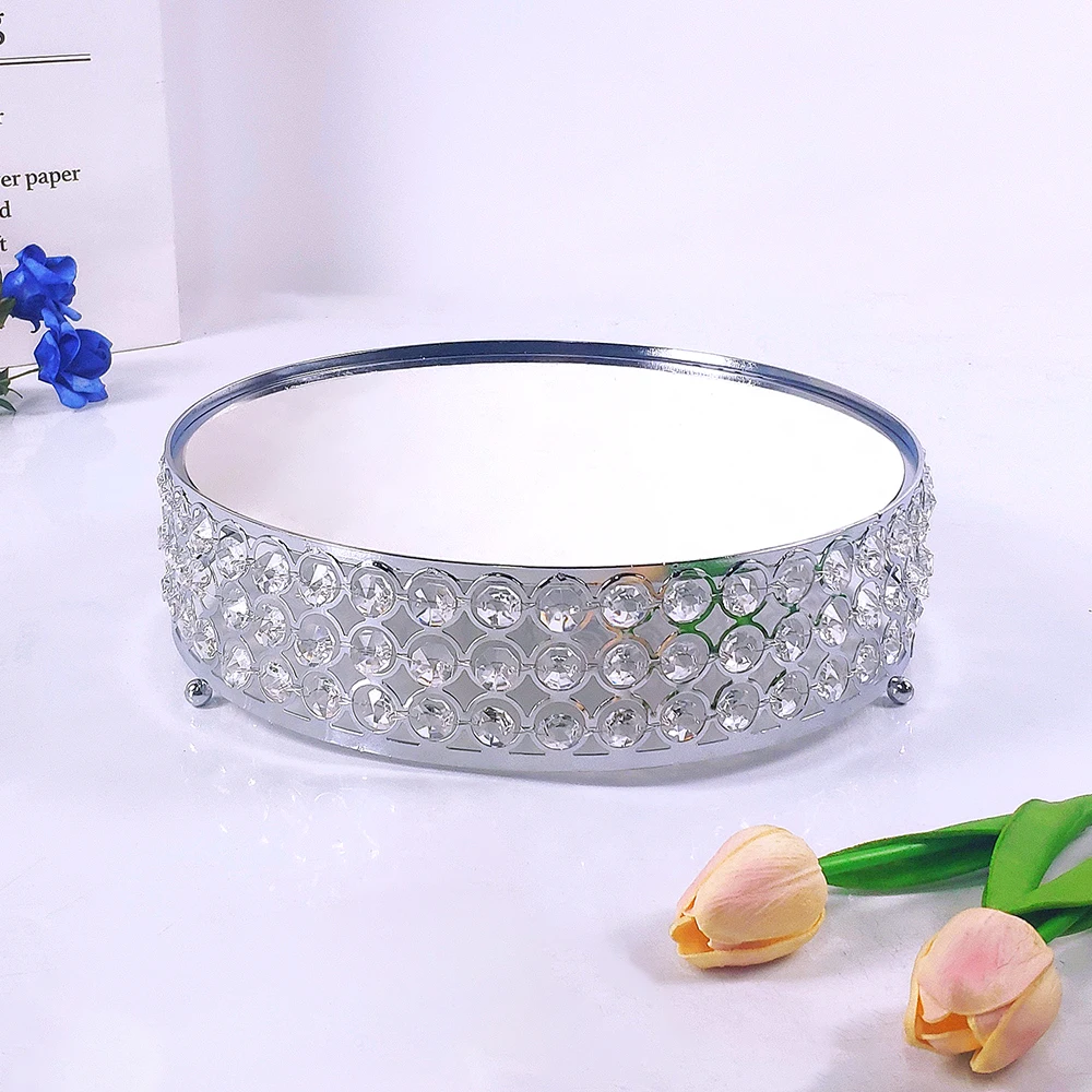 1pc Silver Mirror Crystal Metal Cake Stand Round Cupcake Wedding Birthday Party Dessert Pedestal Display Plate Home Decor