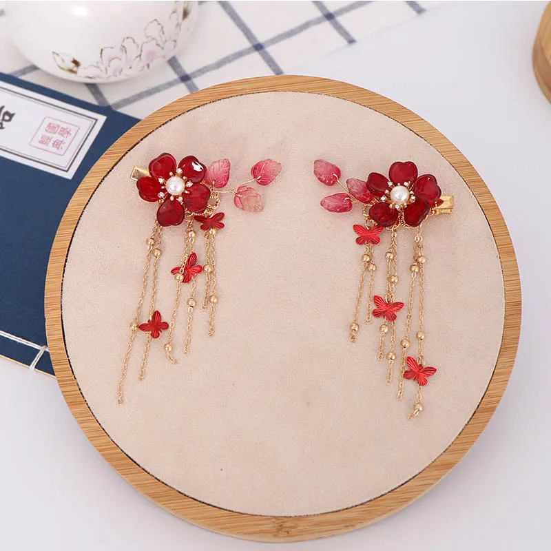 Chinese Style Hair Clip For Women Exquisite Red Flower Hairpins Crystal Headwear Long Butterfly Tassels Jewelry Hair Accessories