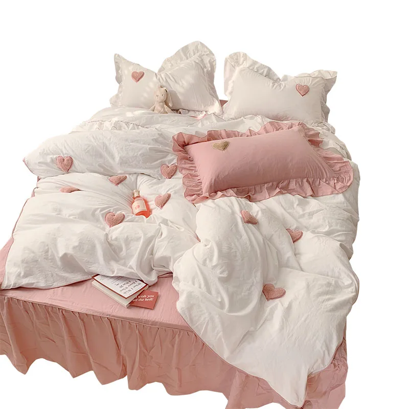 All Cotton Washed Cotton Four-Piece Three-Dimensional Love Embroidered Quilt Princess Style Bare Sleeping Pure Cotton Bedding