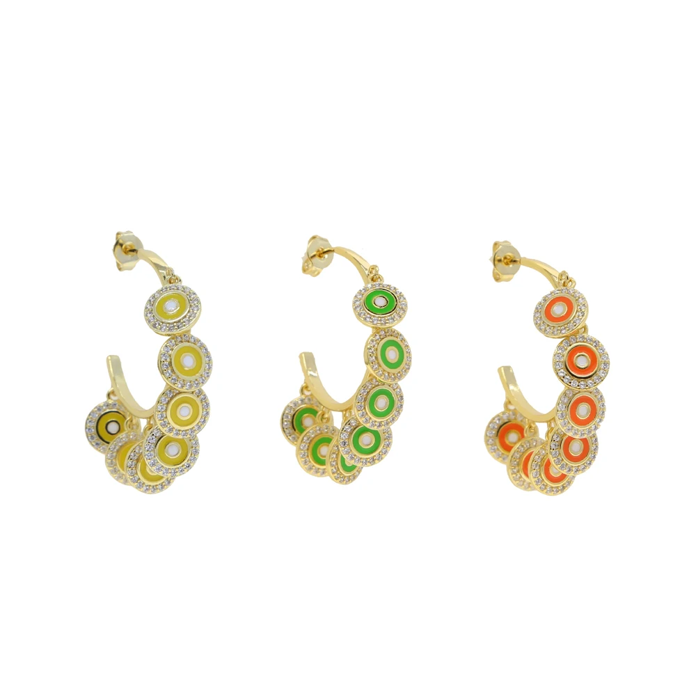 Gold Color Yellow Green Orangle Enamel Round Evil Eye Charm Lucky Fashion Turkish Eye Hoop Earring