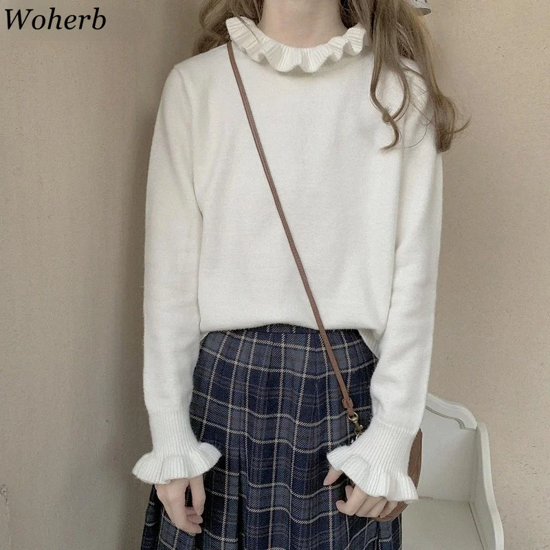 Woherb Basic Sweater Pullover Women Japan Korean Ruffle Turtleneck  Sweet Base Knit Tops Fashion Solid Y2k Cute Jumper