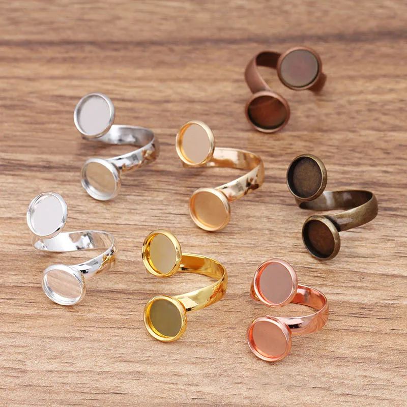 200pcs Copper Adjustable Ring Settings Base with Double 10mm 12mm Round Bezels Tray Glass Cabochons Base Blanks DIY Jewelry