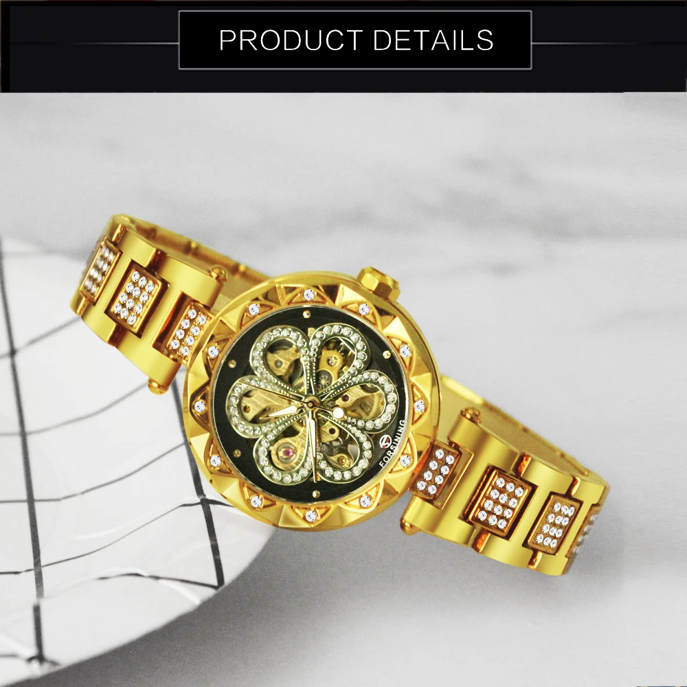 Forsining Gold Skeleton Watch for Women Fashion Diamond Luxury Automatic Mechanical Watches Luminous Hands Stainless Steel Strap