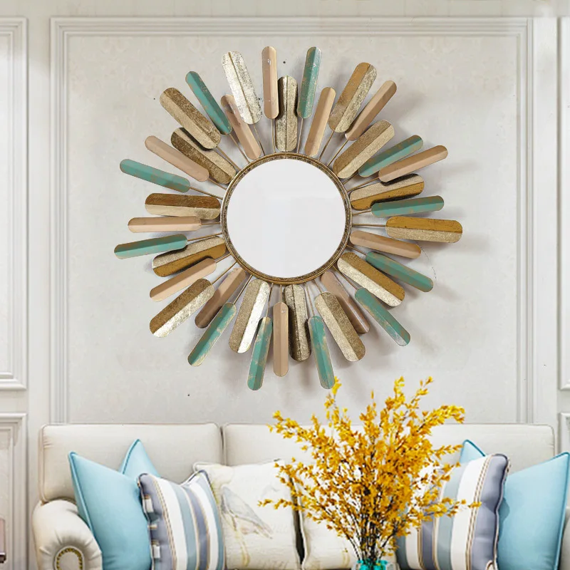 

European Creative Wall Decoration Mirror Wall Living Room Home Pendant Wrought Iron Retro Wall Hangings Sun Flower